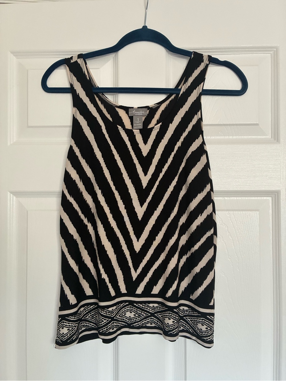 Chico's Black and Cream V-Stripe Sleeveless Tank